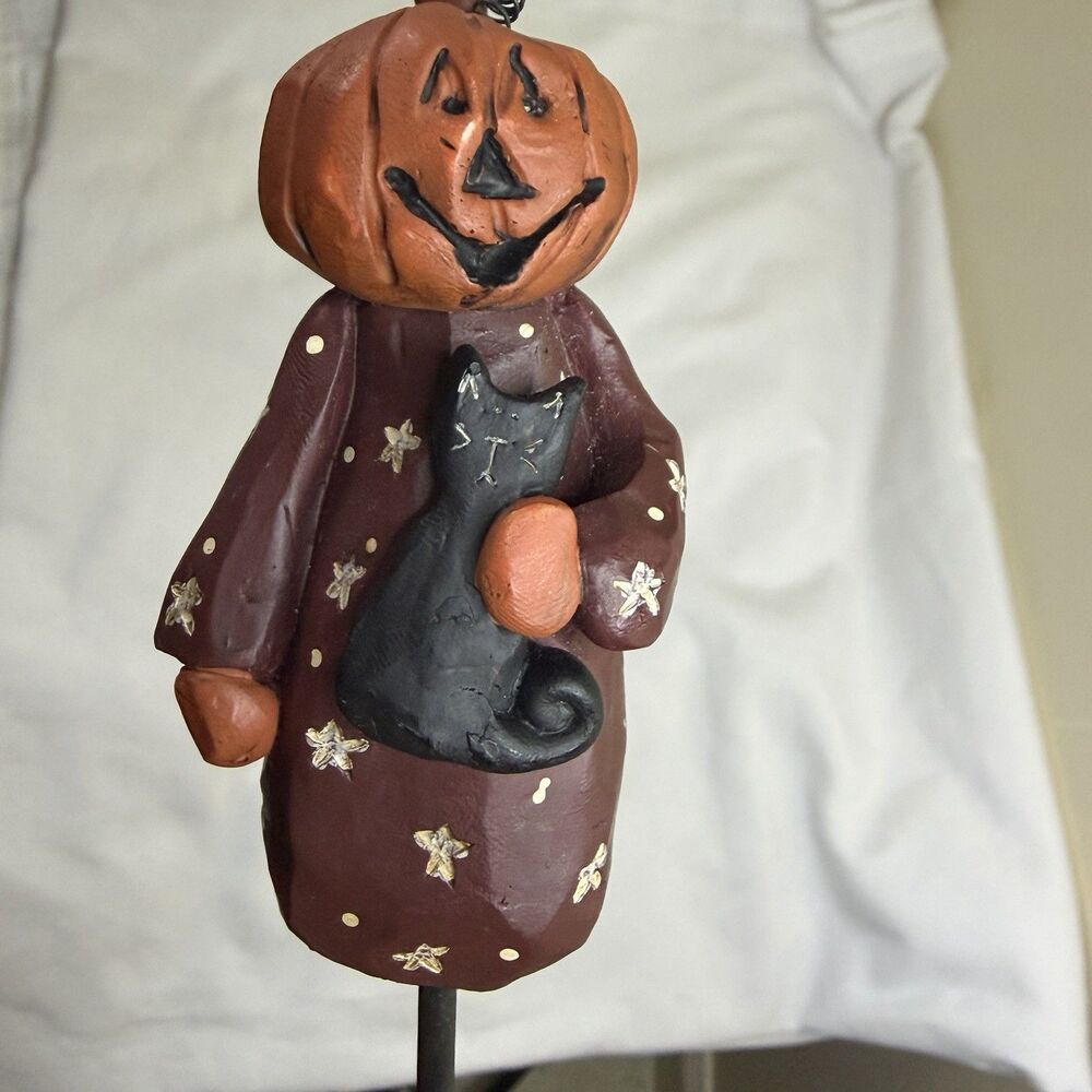 Blossom Bucket Halloween Pumpkin Black Cat Pedestal 13” Suzi Skoglund Folk Art
